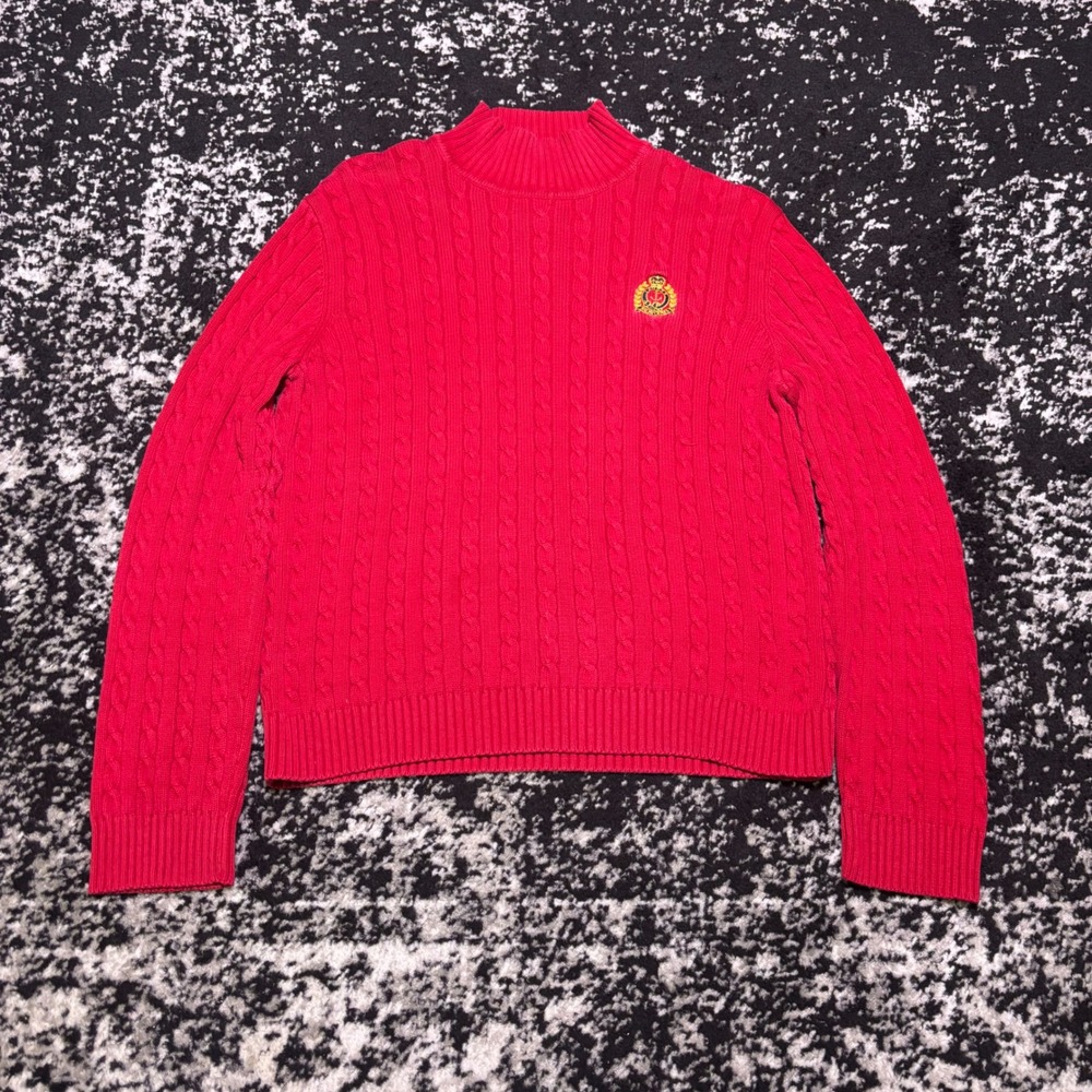 Vintage Lauren Ralph Lauren Red Cable Knit Mock Neck Crest Sweater Large